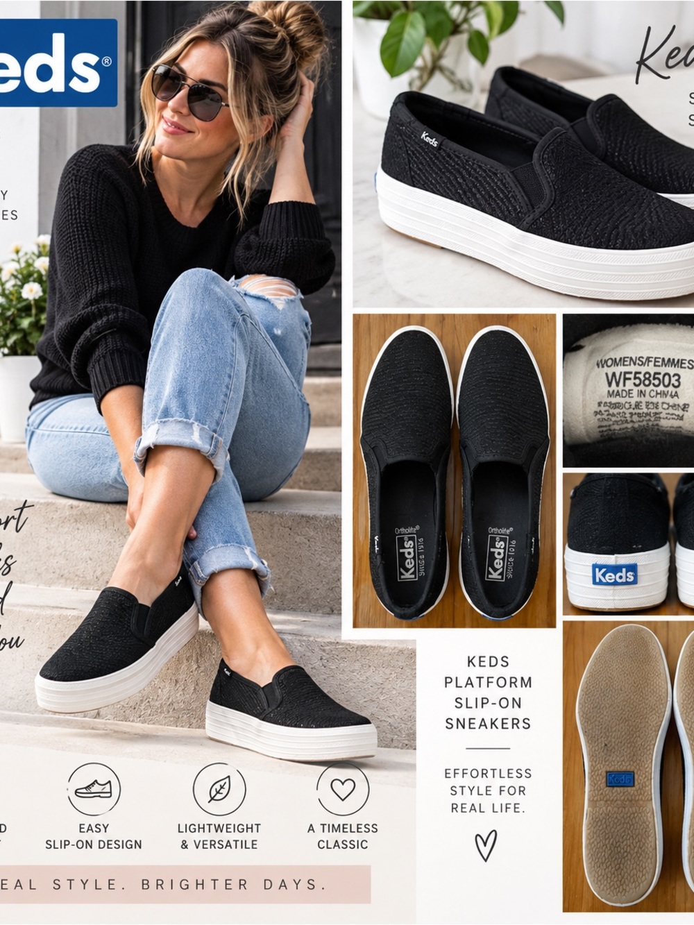 Keds Women’s Size 8 Black Slip-On Platform Sneakers OrthoLite